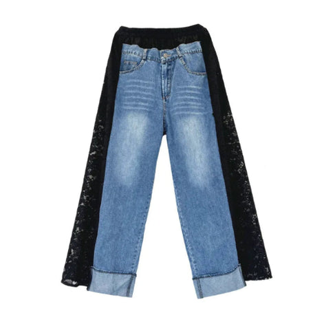 Light blue denim jeans with black lace side panels and a black elastic waistband, shown against a plain white background.
