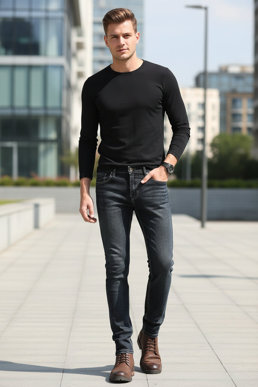 Person wearing blue jeans from front and back views on a gray background