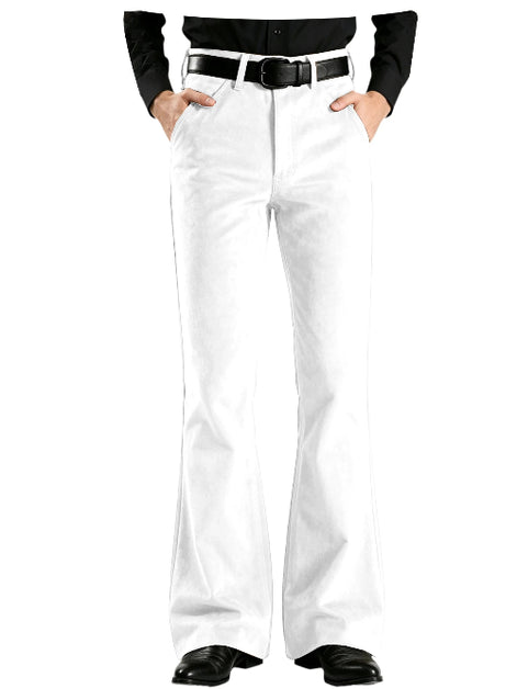 White flared pants with a black belt, shown on a model wearing a black long-sleeve top and black shoes against a white background.