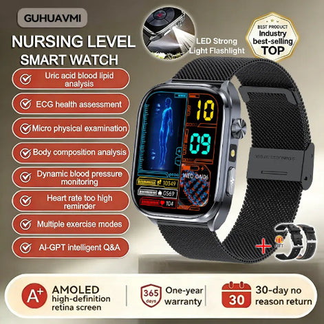 Smartwatch with features listed on a beige background