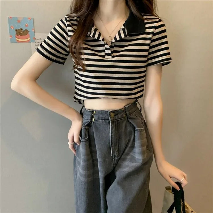 Chic V Neck Short Length Striped Short Sleeve Polo T Shirt For Women Summer 2026 New Niche Top