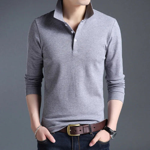 Gray long-sleeve polo shirt worn by a person on a gray background