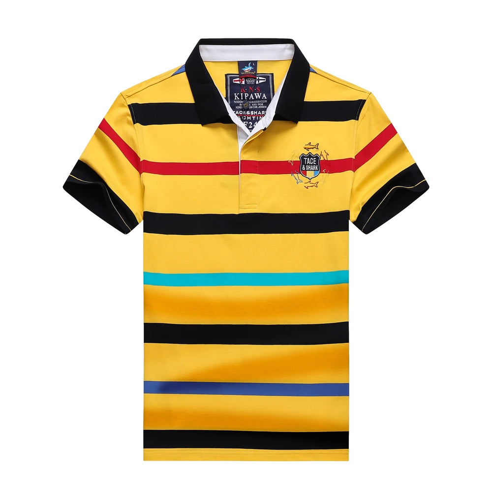 A yellow short-sleeve polo shirt with horizontal black, red, turquoise, and blue stripes, featuring a black collar, a two-button placket, and a crest on the left chest.