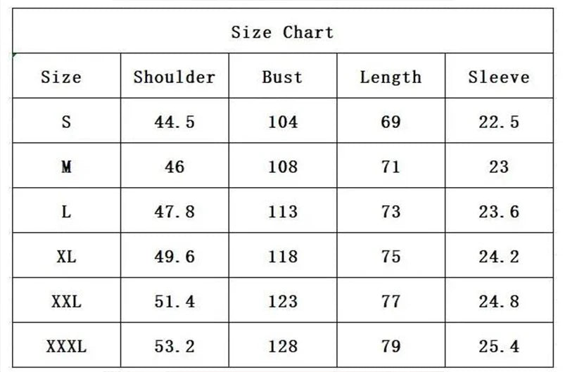Size chart for clothing with measurements in centimeters