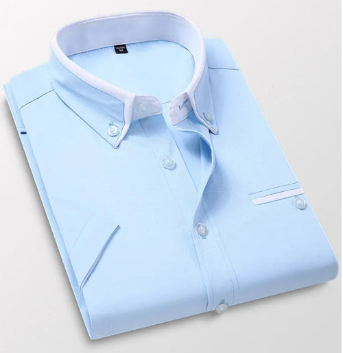 Light blue dress shirt with white collar on a light gray background