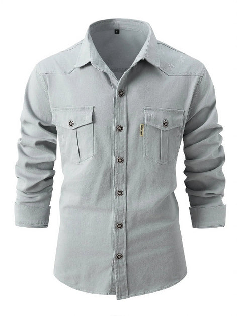 Light gray button-up shirt with two front pockets on a white background
