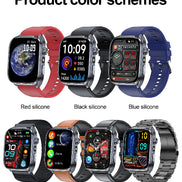 Various smartwatch color schemes including red silicone, black silicone, blue silicone, black braided, brown leather, black leather, and black steel strap.