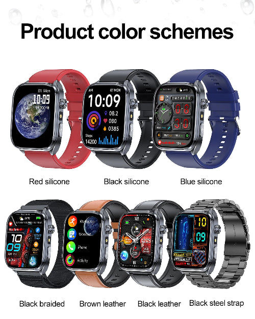 Various smartwatch color schemes including red silicone, black silicone, blue silicone, black braided, brown leather, black leather, and black steel strap.