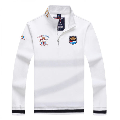 White long-sleeve shirt with logos and text on a white background
