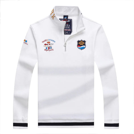 White long-sleeve shirt with logos and text on a white background