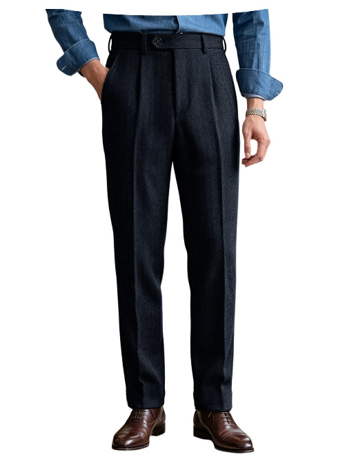 Black herringbone pleated suit trousers shown on a white background