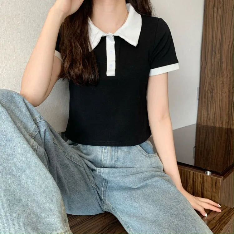 Summer 2026 Women New Arrival Slim Fit Versatile Polo Collar Color Block Short T Shirt Short Sleeve Unique Top Ins Trendy