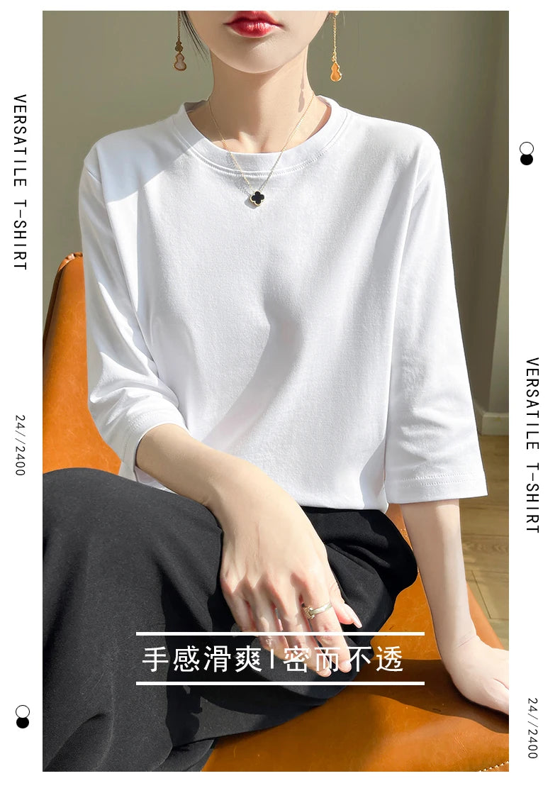 Summer Cotton Short-Sleeved T-Shirt Women's Round Neck Seven-Point Sleeves Loose Mercerized Cotton Half-Sleeve Shirt New T-shirt