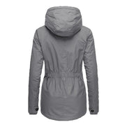 Back view of a gray hooded jacket with a gathered waist, curved hem and buttoned cuffs against a white background