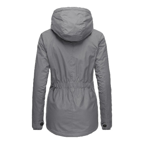 Back view of a gray hooded jacket with a gathered waist, curved hem and buttoned cuffs against a white background