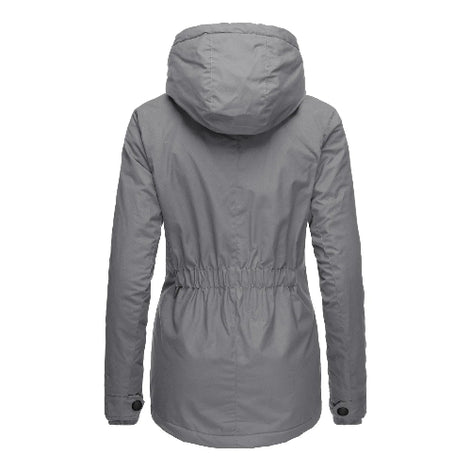 Back view of a gray hooded jacket with a gathered waist, curved hem and buttoned cuffs against a white background