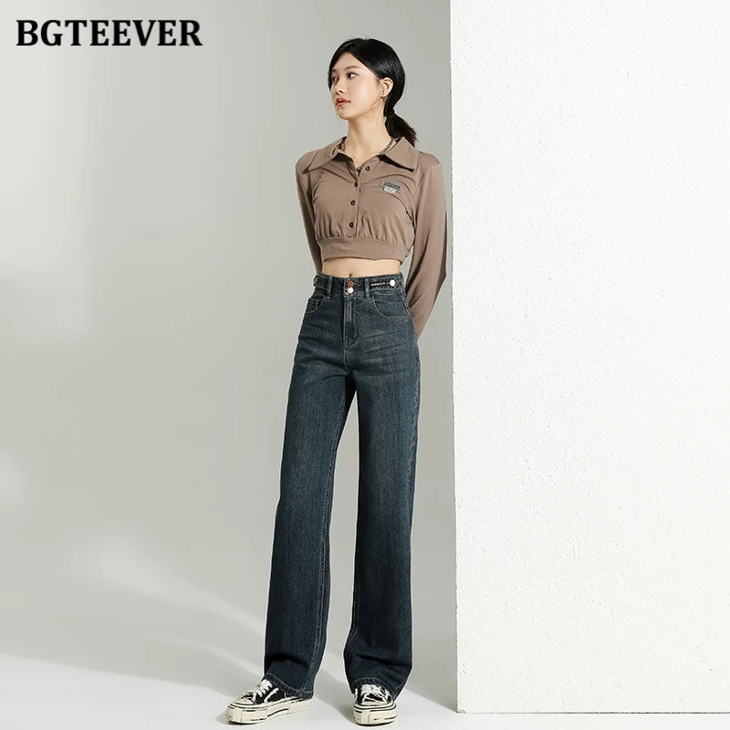 BGTEEVER Vintage Double Buttons Straight Jeans Pants Women Spring Autumn High Waist Loose Pockets Female Wide Leg Denim Trousers