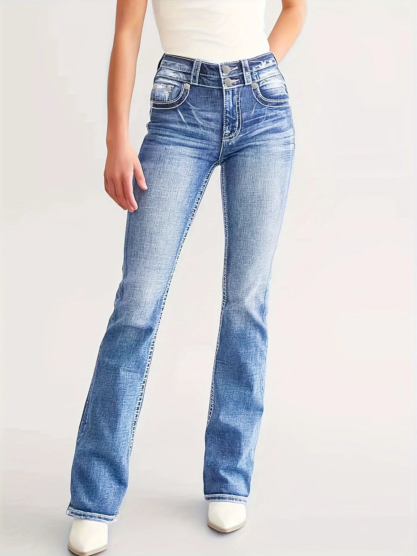 Women Straight Jeans Full Length Jean High Waist Vintage Loose Fit Pockets Embroidery Distressed Washed Trousers Zipper Fly