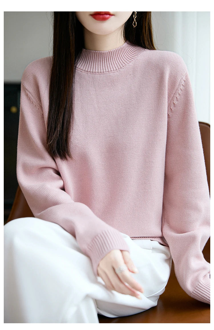 100% Pure Cotton Women's Knitted Sweater Solid Color Round Neck Pullover Loose Cotton Sweater Autumn and Winter New Women's Top