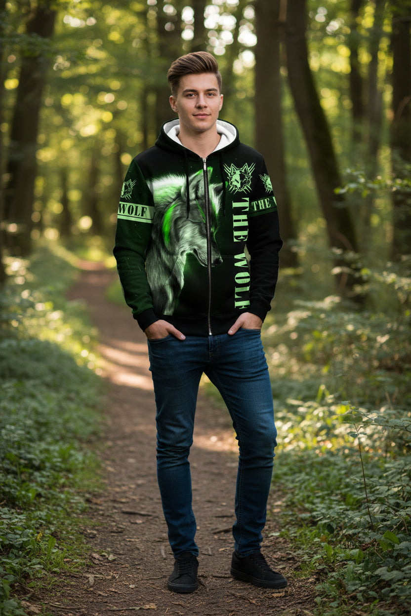 Black hoodie with green wolf design and 'The Wolf' text on a white background