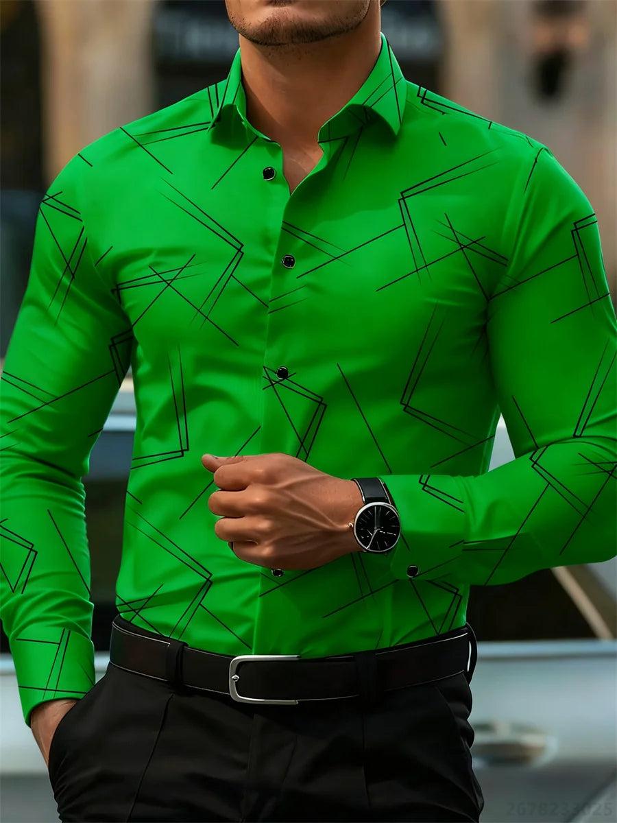 Men's Slim Fit Long-Sleeved Geometric Line Print Shirt - Non-Iron