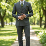 Gray suit jacket with gold buttons and matching pants on a white background