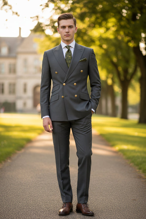 Gray suit jacket with gold buttons and matching pants on a white background