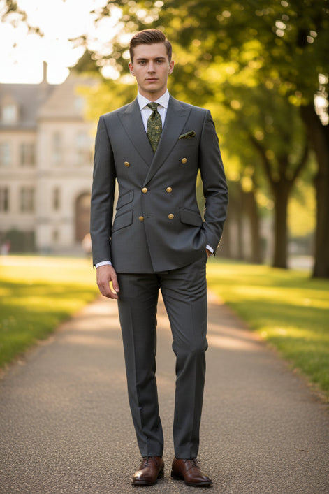 Gray suit jacket with gold buttons and matching pants on a white background