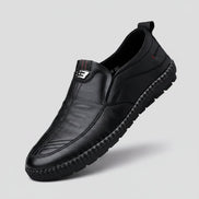 Black leather shoe on a natural background with text