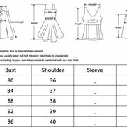A size chart and measurement guide showing line drawings of a blouse, dress, top, and skirt with labeled dimensions, plus a size table with chest/bust, shoulder, sleeve, and length measurements for S through 2XL.