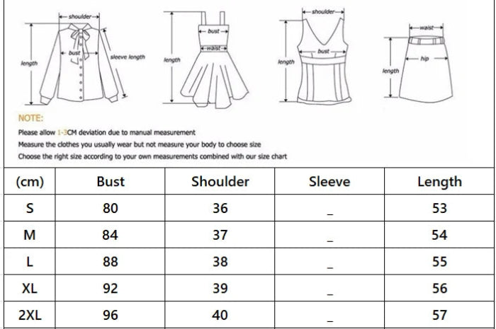 A size chart and measurement guide showing line drawings of a blouse, dress, top, and skirt with labeled dimensions, plus a size table with chest/bust, shoulder, sleeve, and length measurements for S through 2XL.