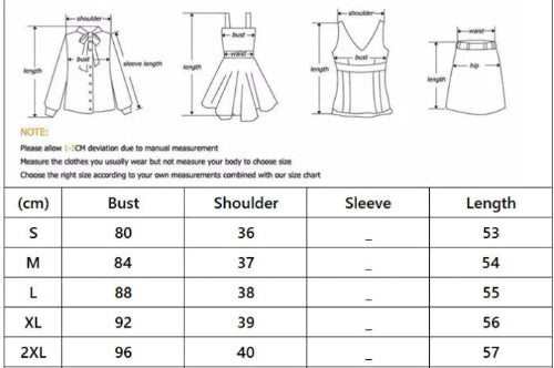 A size chart and measurement guide showing line drawings of a blouse, dress, top, and skirt with labeled dimensions, plus a size table with chest/bust, shoulder, sleeve, and length measurements for S through 2XL.