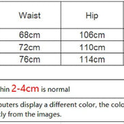 Size chart with waist, hip, and length measurements for S, M, and L sizes.