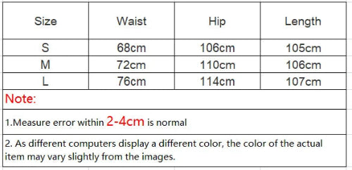 Size chart with waist, hip, and length measurements for S, M, and L sizes.