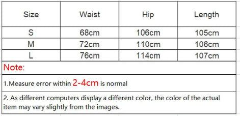 Size chart with waist, hip, and length measurements for S, M, and L sizes.
