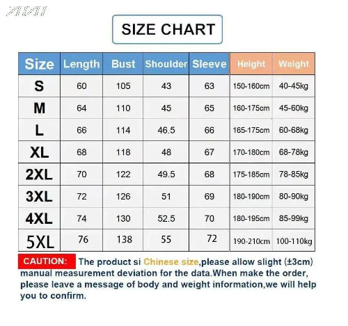 Size chart for clothing with measurements in centimeters and kilograms.