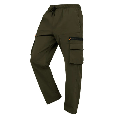 Army green cargo pants with cargo pockets and a drawstring waist shown at an angle on a white background