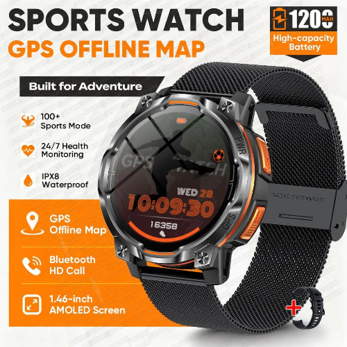 A rugged black sports watch with a mesh strap and orange accents, shown on a white and orange promotional background with text highlighting GPS offline map, 120 high-capacity battery, sports modes, 