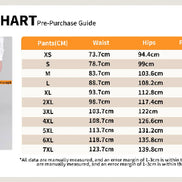 Pants size chart with waist, hips, and pant length measurements for various sizes.