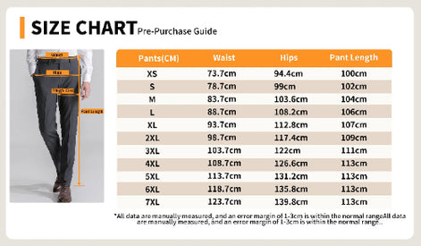Pants size chart with waist, hips, and pant length measurements for various sizes.