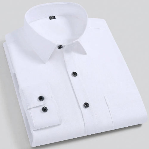 A folded white long-sleeve dress shirt with black buttons, shown on a clean white background.