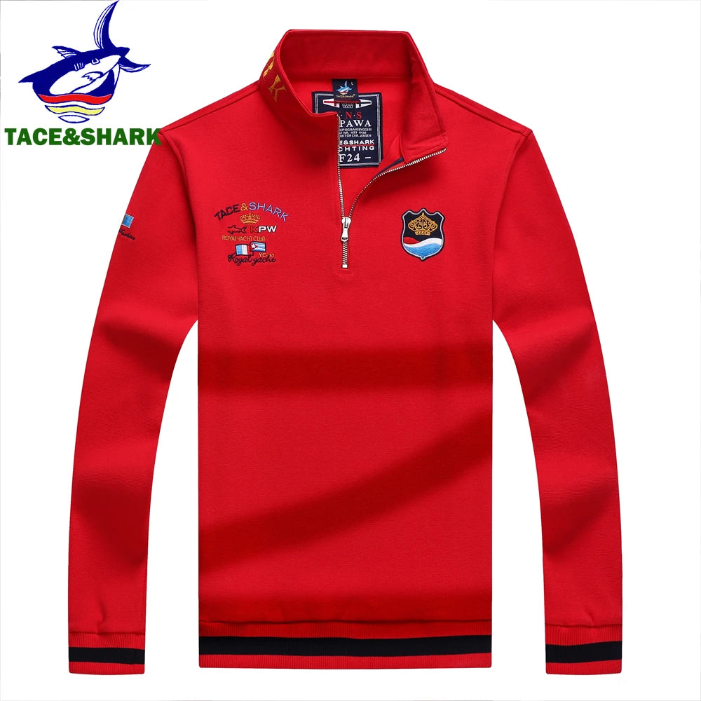 TACE&SHARK Fashion Men‘s Shark Embroidery Long Sleeve Polo Shirt Cotton Casual Wear Business Solid Color Tops
