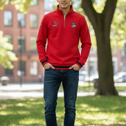 Red long-sleeve shirt with multiple logos on a white background, featuring the Tace & Shark brand.