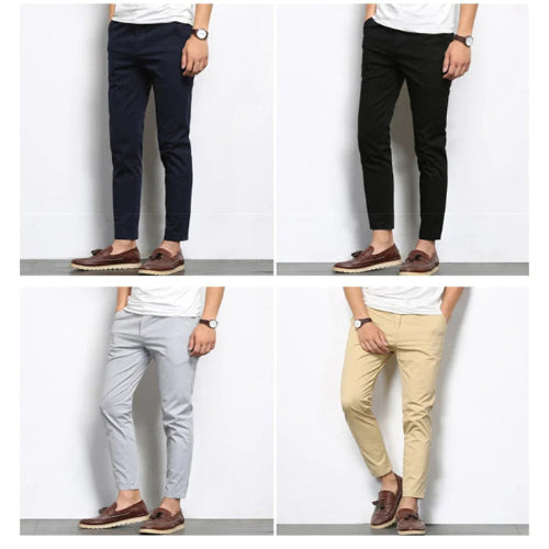 Four different pairs of pants worn by a person on a white background