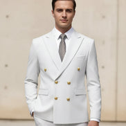 White suit with gold buttons on a white background
