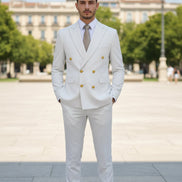 White suit with gold buttons on a white background