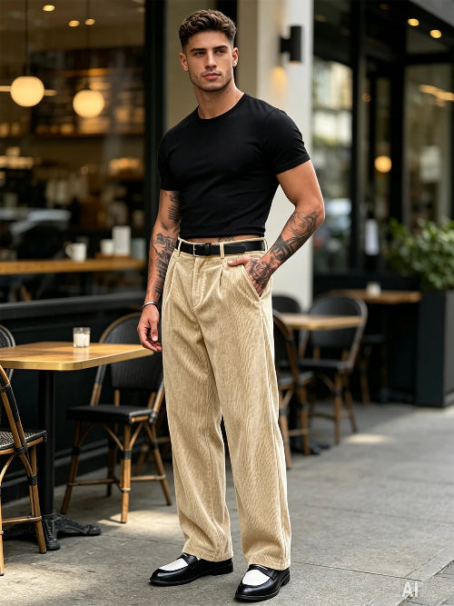 A man stands on a city sidewalk in front of a cafe, wearing beige corduroy trousers, a black t-shirt, a black belt, and black-and-white loafers.