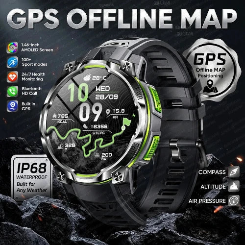 A rugged smartwatch with a black strap and silver-toned case, shown prominently on a dark rocky background with promotional text reading 'GPS OFFLINE MAP' 