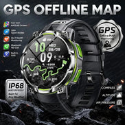 A rugged smartwatch with a black strap and silver-toned case, shown prominently on a dark rocky background with promotional text reading 'GPS OFFLINE MAP' 