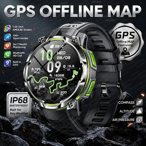 A rugged smartwatch with a black strap and silver-toned case, shown prominently on a dark rocky background with promotional text reading 'GPS OFFLINE MAP' 